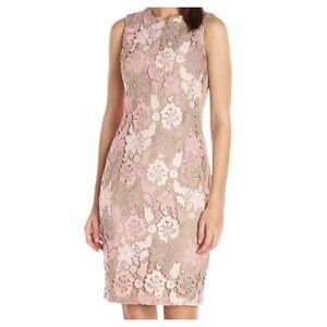 Calvin Klein Floral Lace Scuba Sheath Dress Size 14P Tan Pink Knee Length Zipper